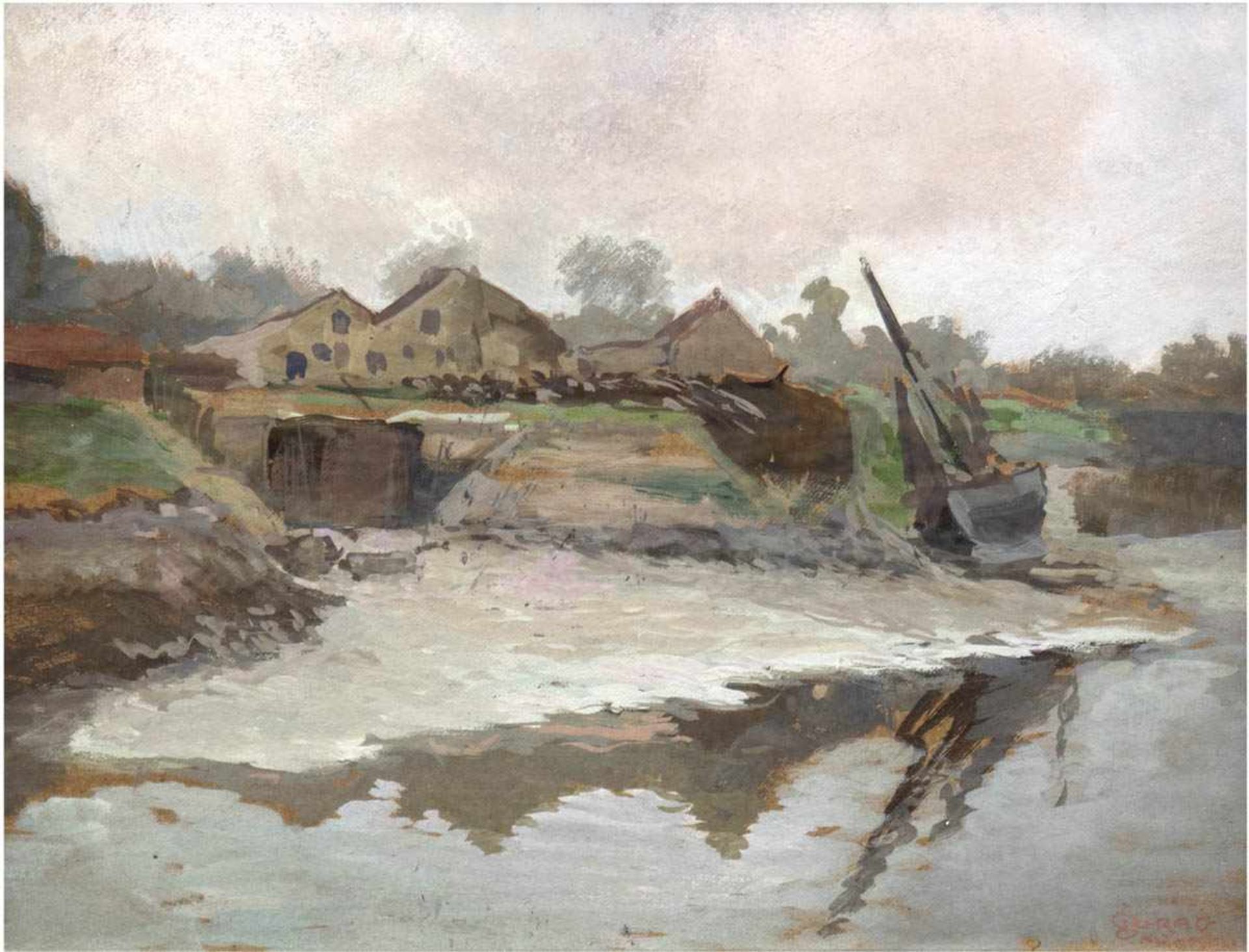 Maler des 20. Jh. "Uferlandschaft mit Boot und Gehöft", Gouache, unleserl. u.r., 32x40 cm,hinter