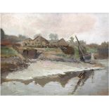 Maler des 20. Jh. "Uferlandschaft mit Boot und Gehöft", Gouache, unleserl. u.r., 32x40 cm,hinter