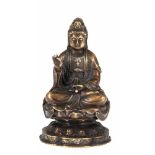 "Buddha mit Glücksgeste auf doppeltem Lotosthron sitzend", Bronze, fein gearbeitet, H. 11cm