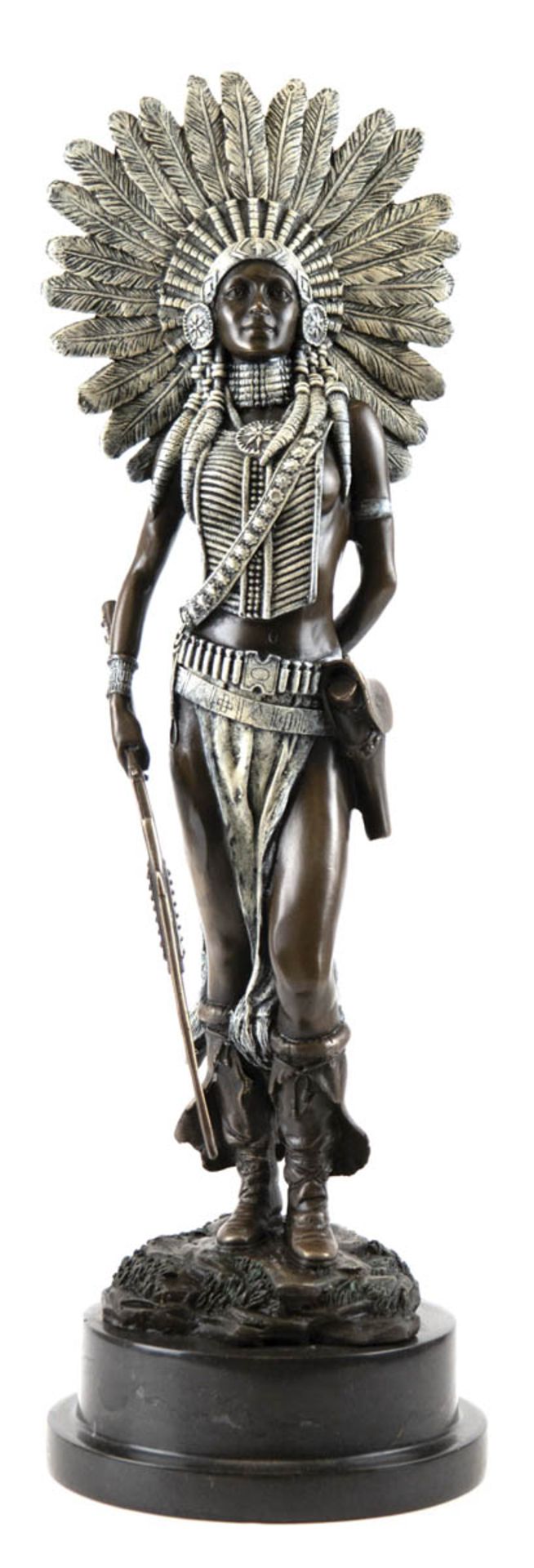 Bronze-Figur "Indianerin mit üppigem Federschmuck und Gewehr", Nachguß 20. Jh., signiert"Manbreß",