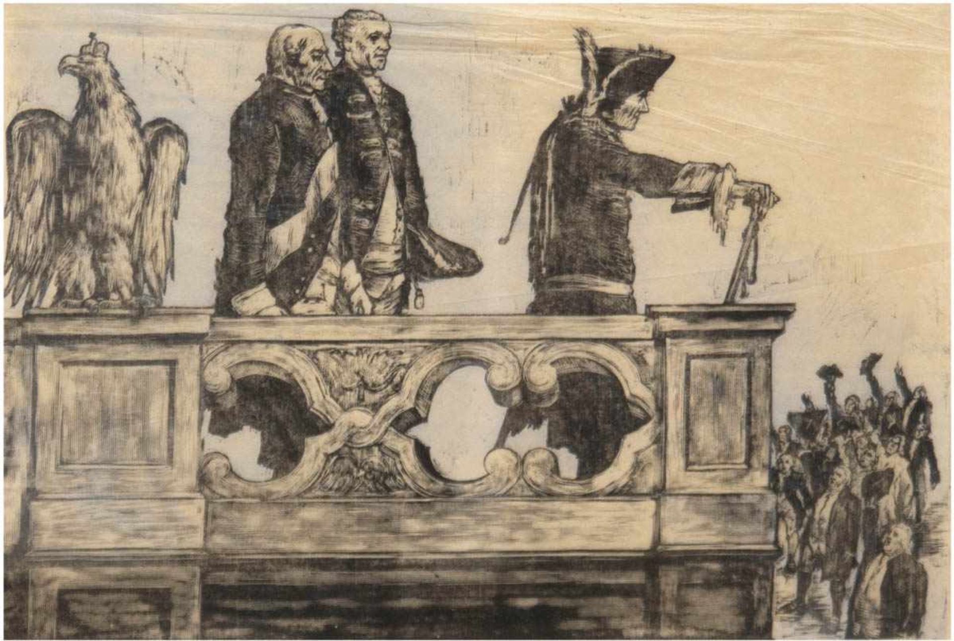 "Friedrich der Große mit Gefolge", Federzeichnung/Seidenpapier, unsign., Falten im oberenBereich,