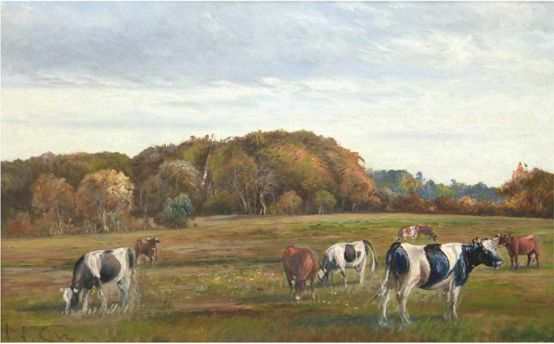 Monogrammist, 20. Jh. "Kühe auf der Weide vor Herbstwald", Öl/Lw., monogr. u.l., 48x68 cm,Rahmen