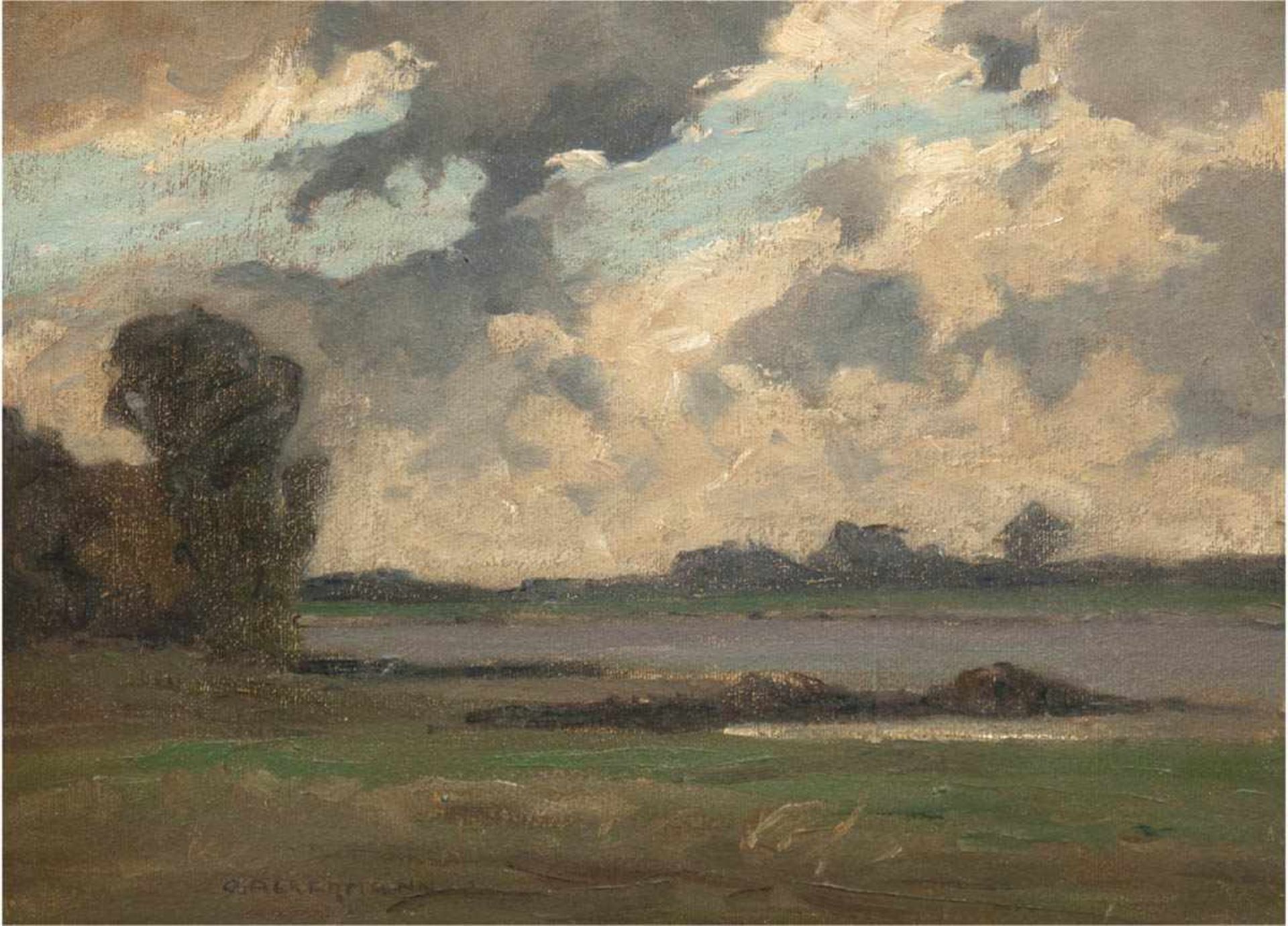 Ackermann, Otto (1872 Berlin-1953 Düsseldorf) "Landschaft am Niederrhein", ÖL/Lw., sign.u.l., rücks.