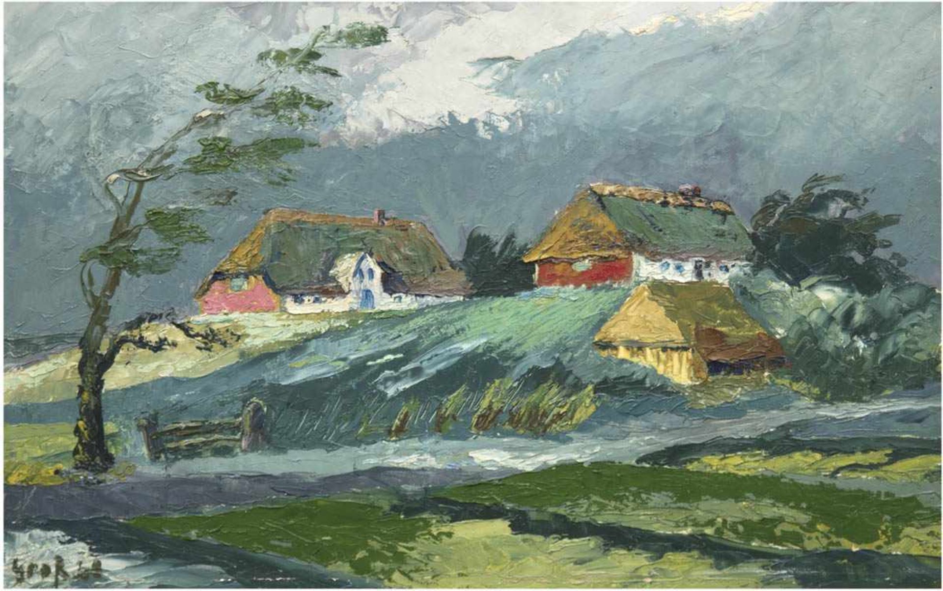 Groß (Maler auf Pellworm) "Unwetter auf der Hallig", Öl/Hf., sign. u. dat. u.l., 48x75 cm,Rahmen