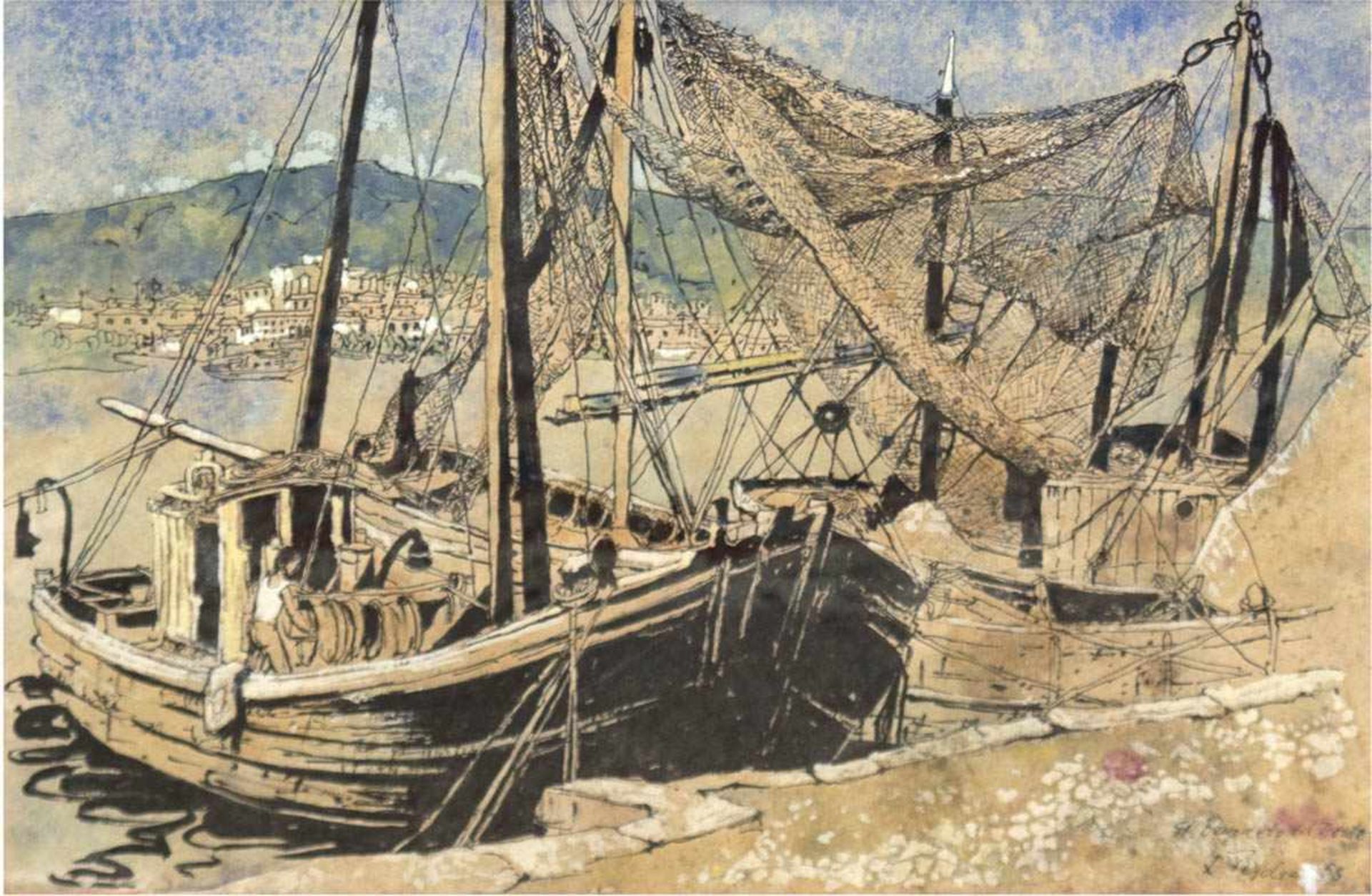 Fischer, Luise (geb. 1924) "St. Benedetto del Tronto - Fischerboote am Hafen",Aquarell/Zeichnung,