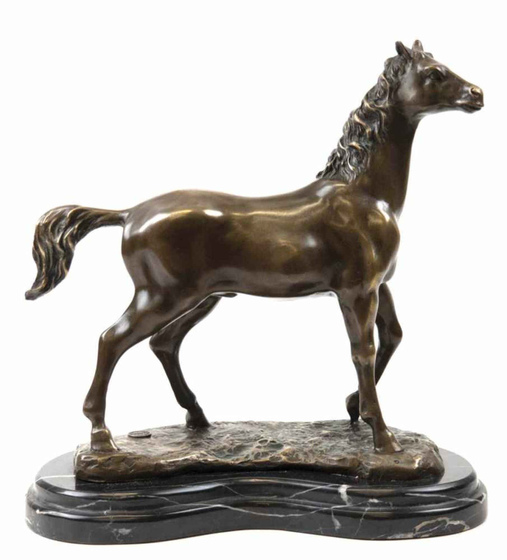 Bronze-Figur "Pferd", Nachguß 20. Jh., signiert "Milo", braun patiniert, Gießermarke "JBDeposee