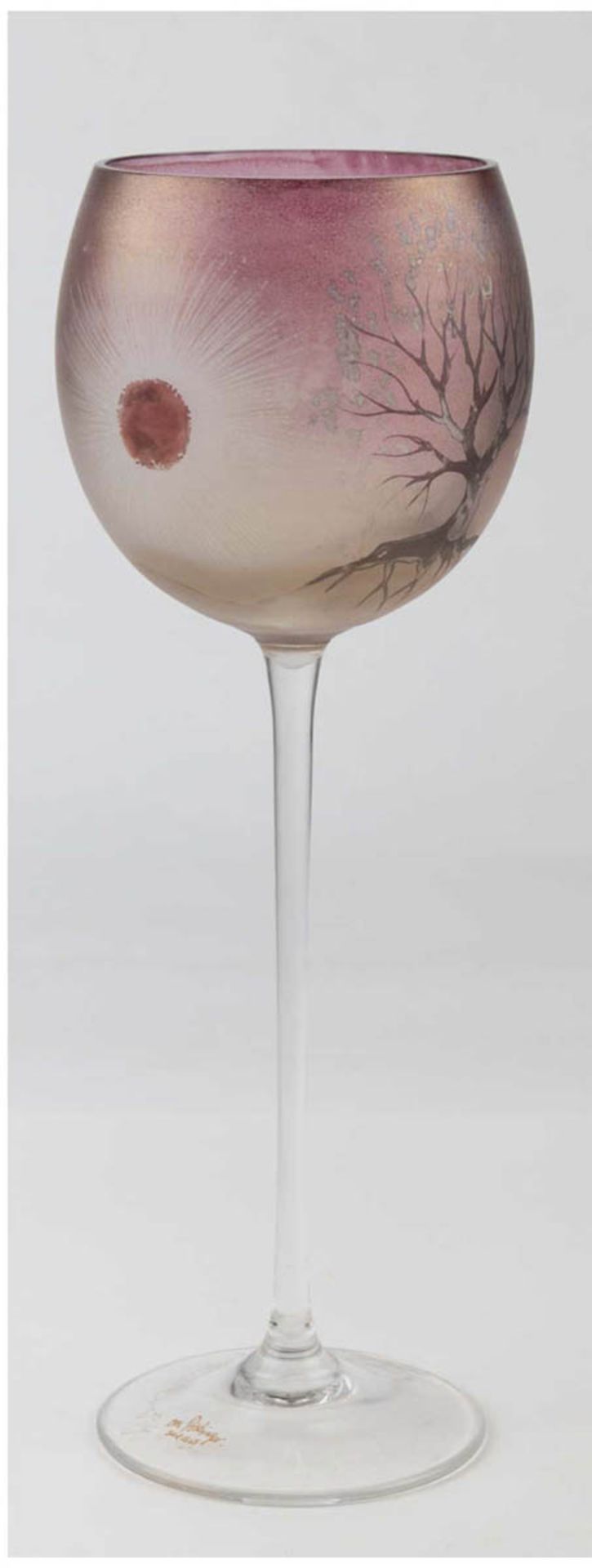 Poschinger-Glas, 20. Jh., lüstrierende Kuppa mit Baumdekor, signiert "Brumer '89", H.26,5 cm