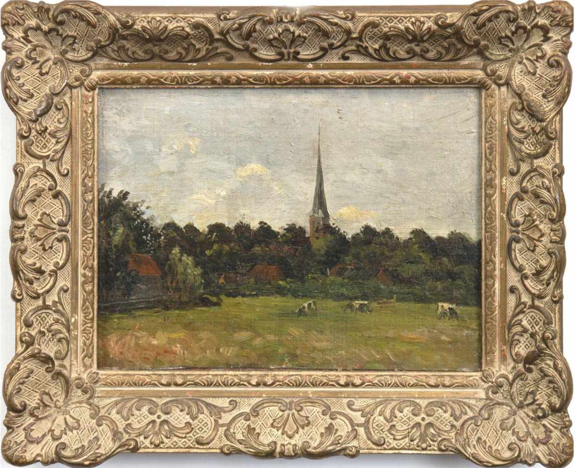 Landschaftsmaler um 1900 "Landschaft mit Kirche und Kühen auf der Weide", Öl/Holz,undeutl. sign. u.