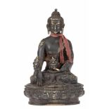 Buddha-Figur "Gautama mit Fürstengewand auf Lotosthron sitzend", Tibet Mitte 19. Jh.,Bronze mit