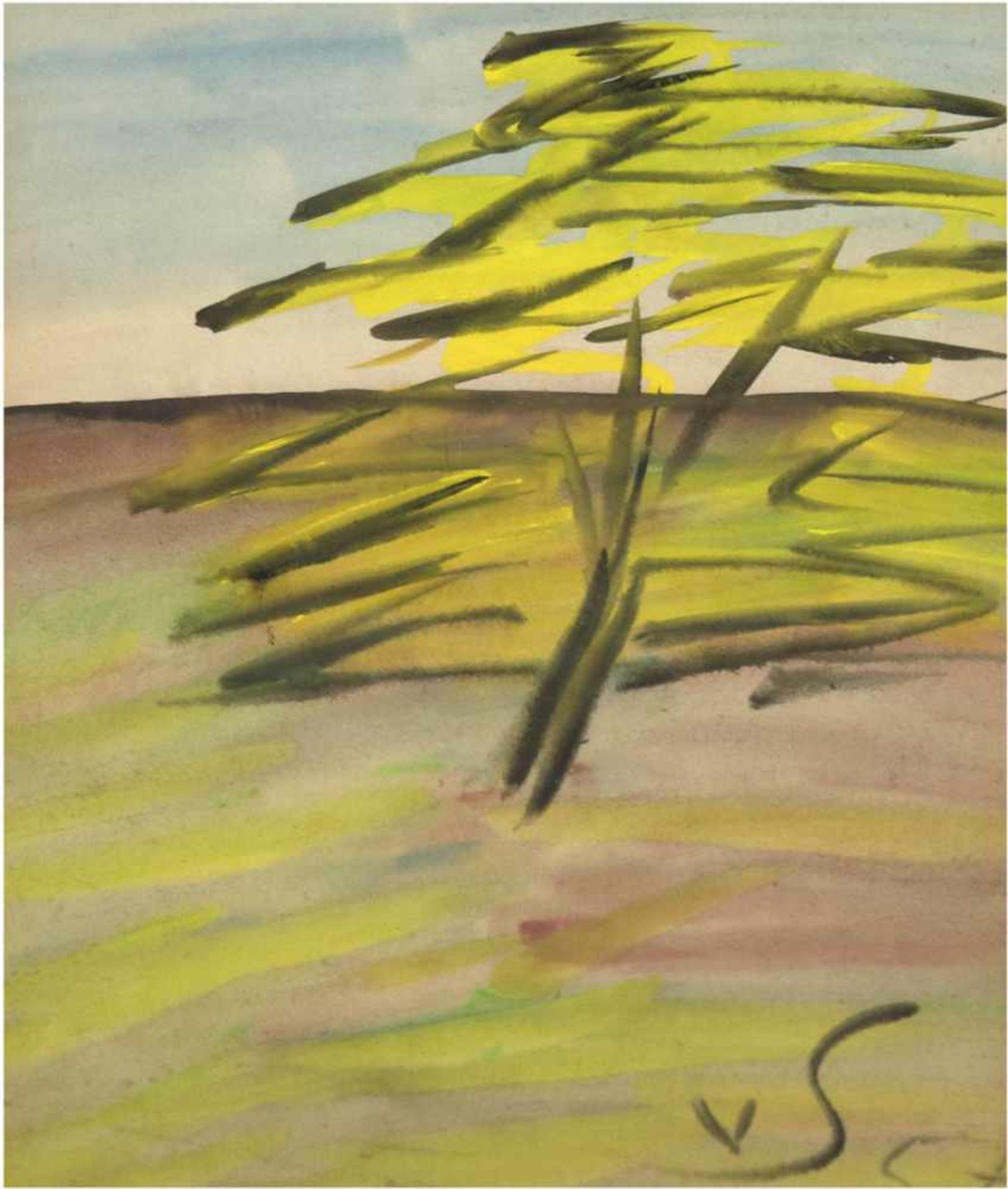 Monogrammist VS "Baum in weiter Landschft", Aquarell, monogr. u. dat. '57 u.r.,Passepartout fleckig,