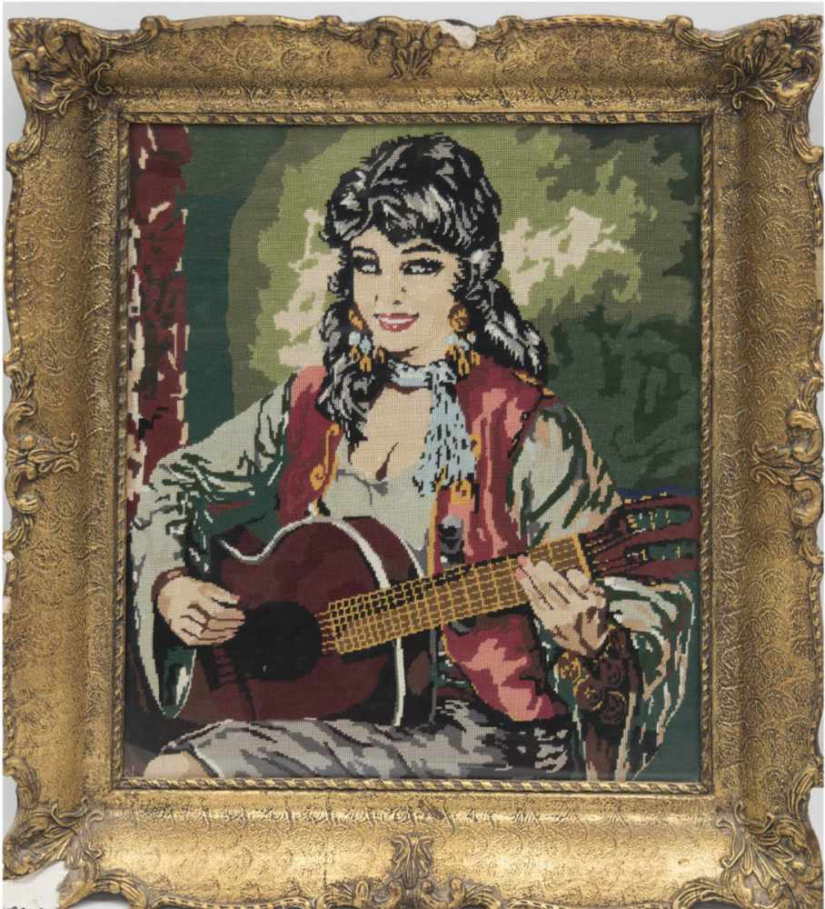 Stickbild "Mädchen mit Gitarre", 52x42 cm, hinter Glas und Rahmen