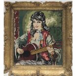 Stickbild "Mädchen mit Gitarre", 52x42 cm, hinter Glas und Rahmen