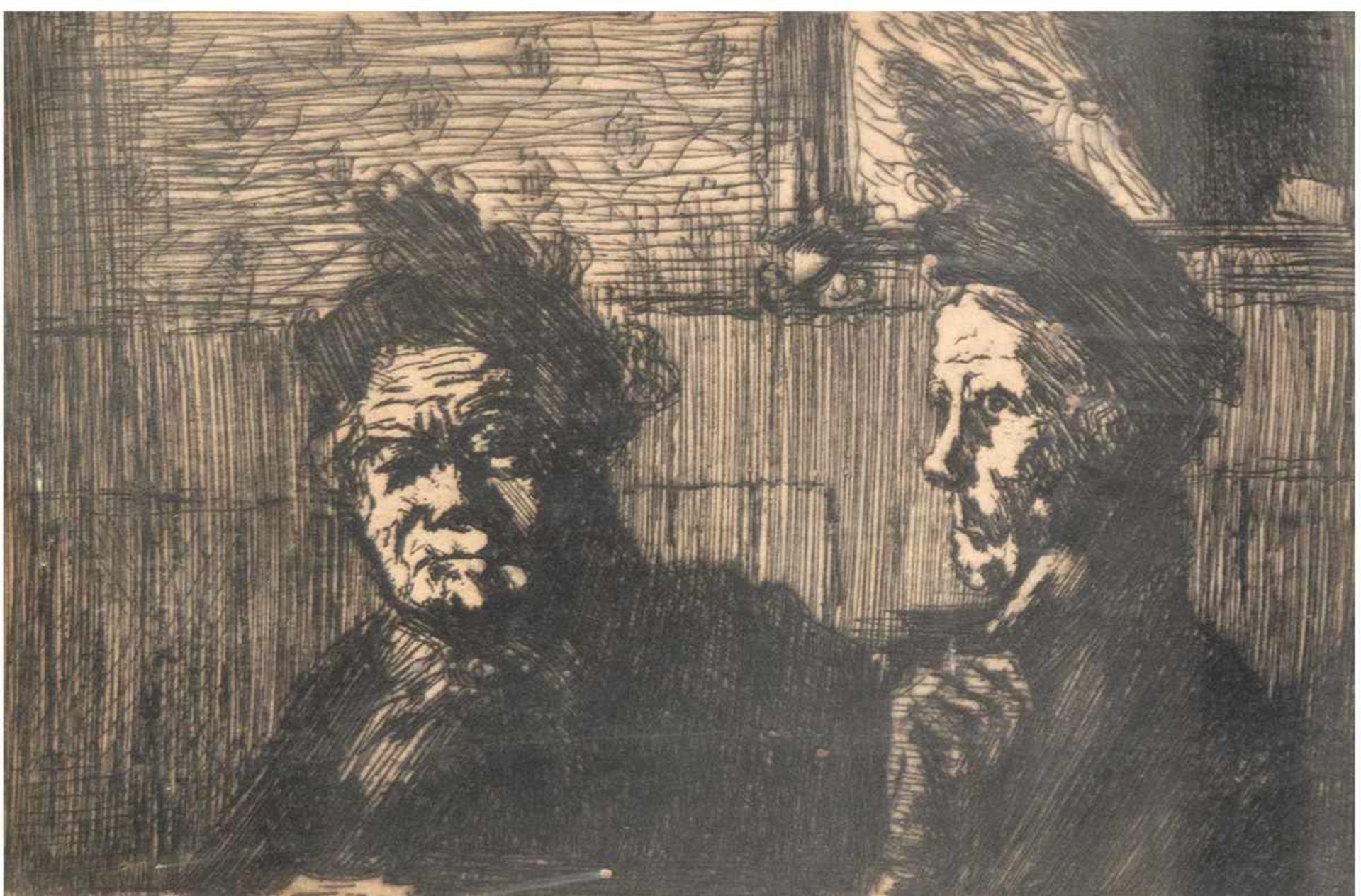 "Zwei ältere Damen", Kaltnadelradierung, unsign., 10,5x15,5 cm, hinter Glas imPassepartout (