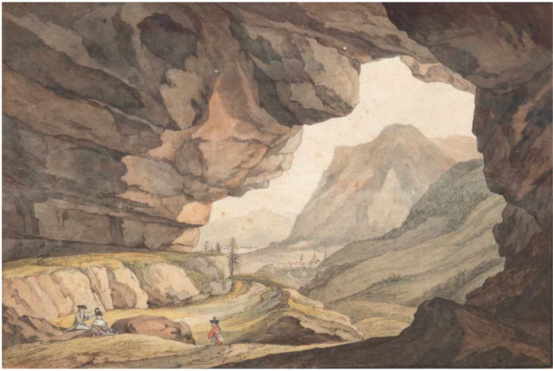 Slevogt, August (um 1790) "Paar und Soldat vor Grotte", Aquarell, sign. u.l., 25x35 cm,hinter Glas