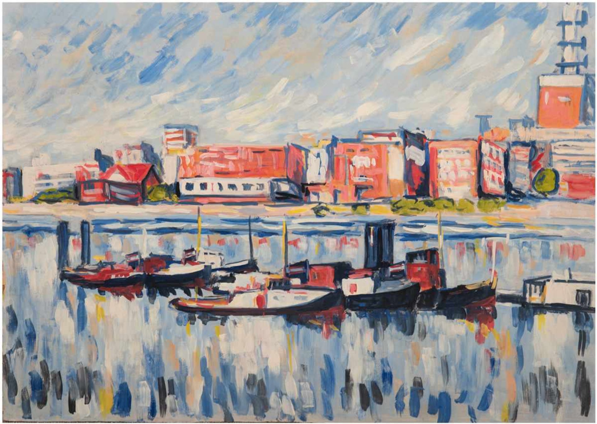 Expressionist "Boote im Hafen", Öl/Hf., unsign., 50x65 cm