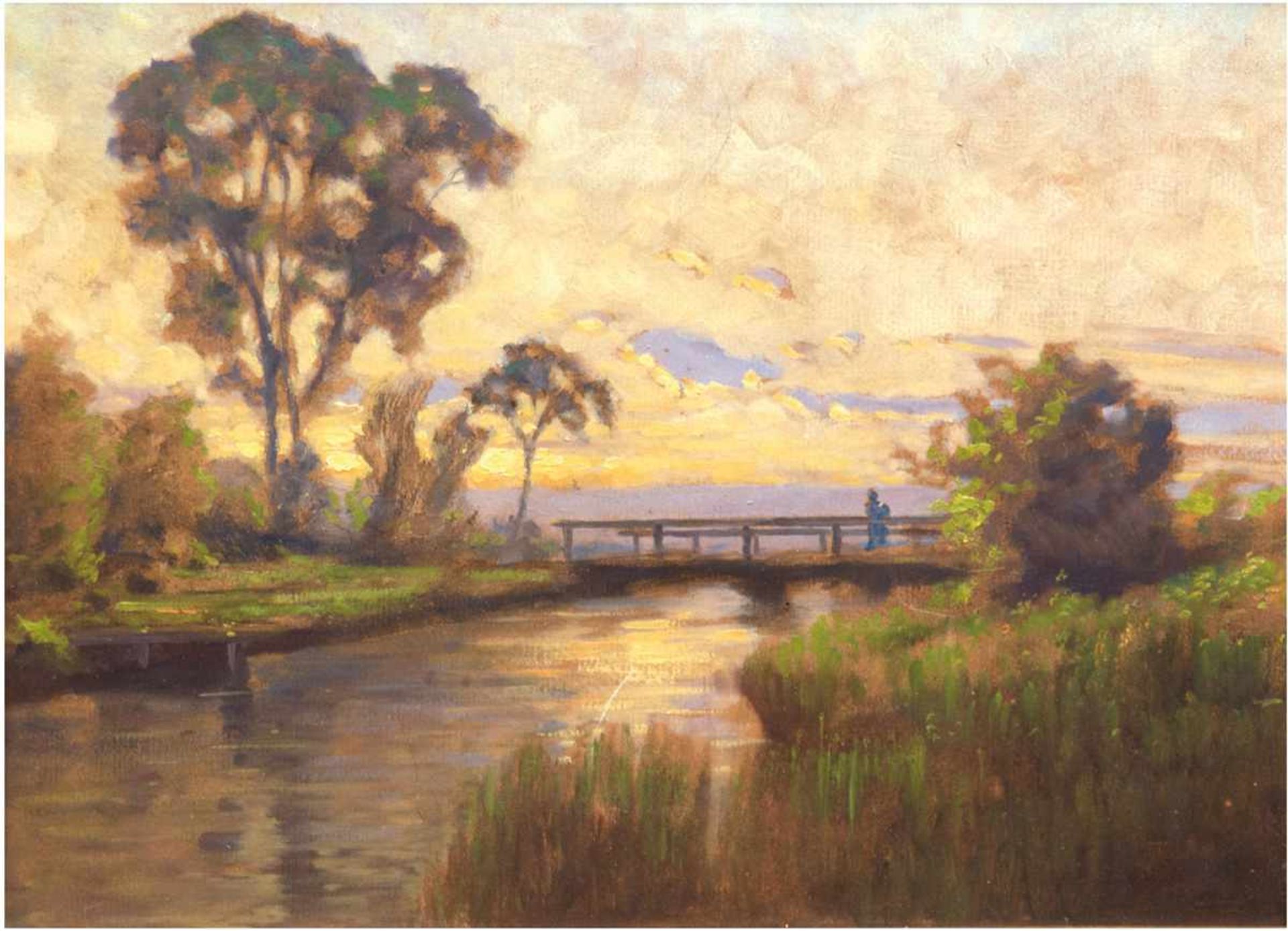 "Romantische Abendstimmung am Fluß", Öl/Mp., unsign., 32,5x46 cm, Rahmen