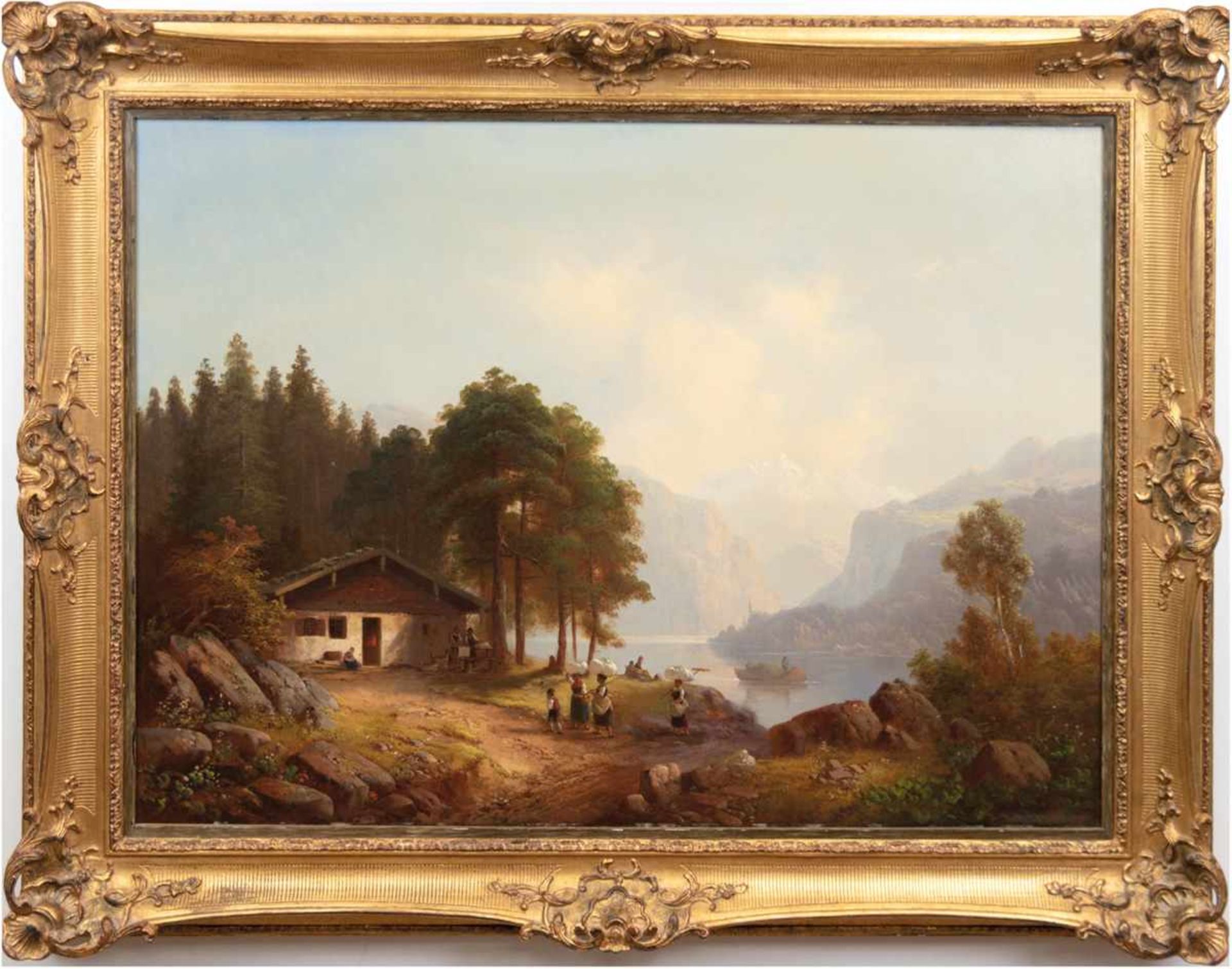 Doll, Anton (1826 München-1887 ebenda) "Oberbayerische Landschaft mit Waschhaus am See",Öl/Lw.,