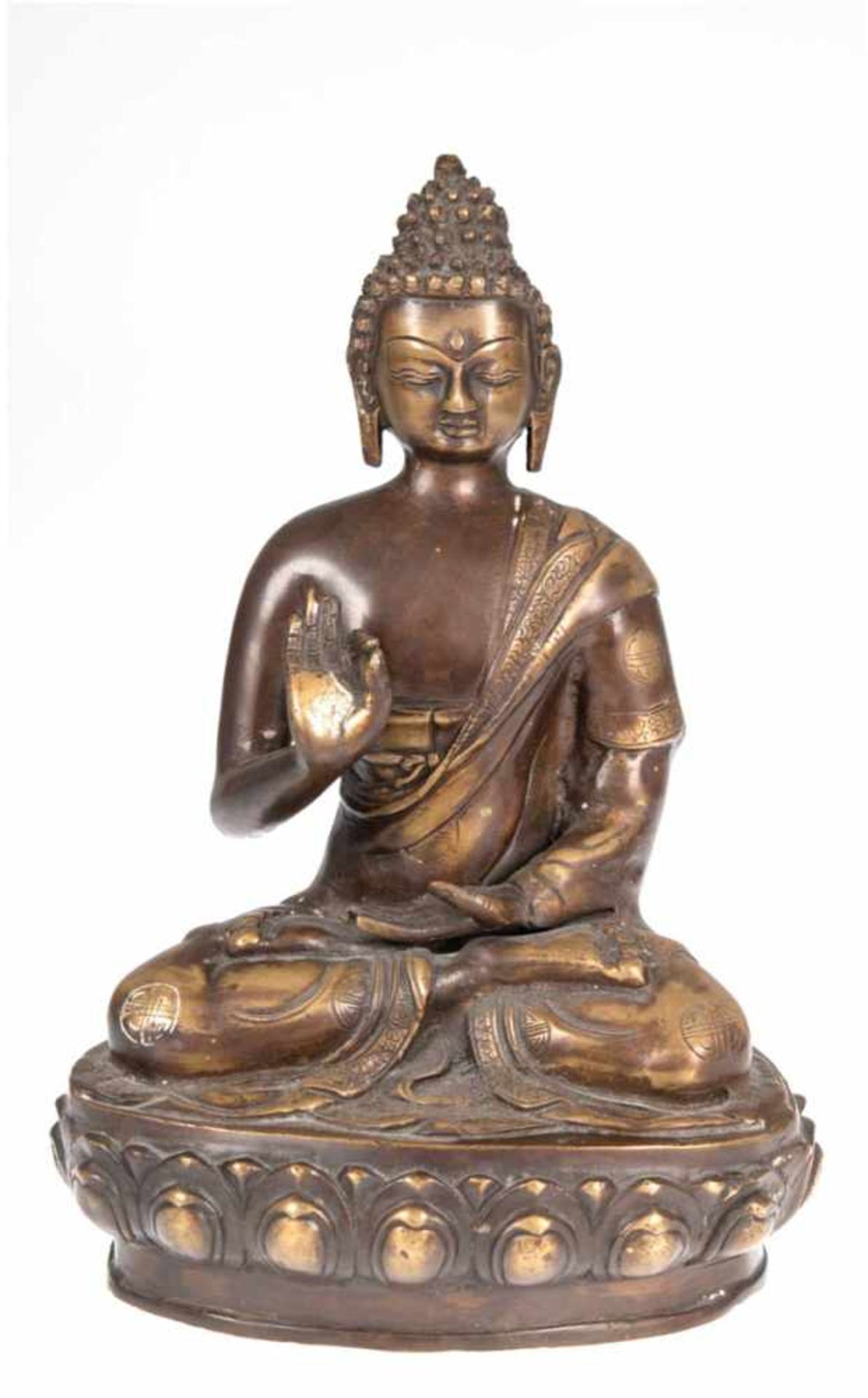 Buddha-Figur "Buddha mit Argumentationsgeste auf Lotosthron sitzend" Nepal, Bronze, 19.Jh., H. 31,