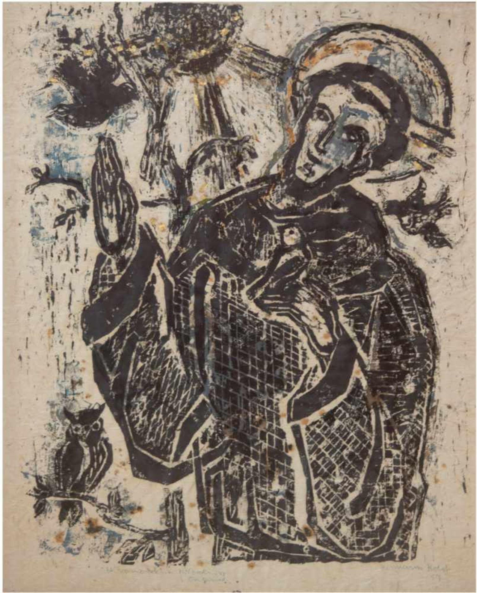 Holst, Hermann "St. Franciscus", original Holzschnitt, sign.u.dat. '57 u.r., 77x60 cm