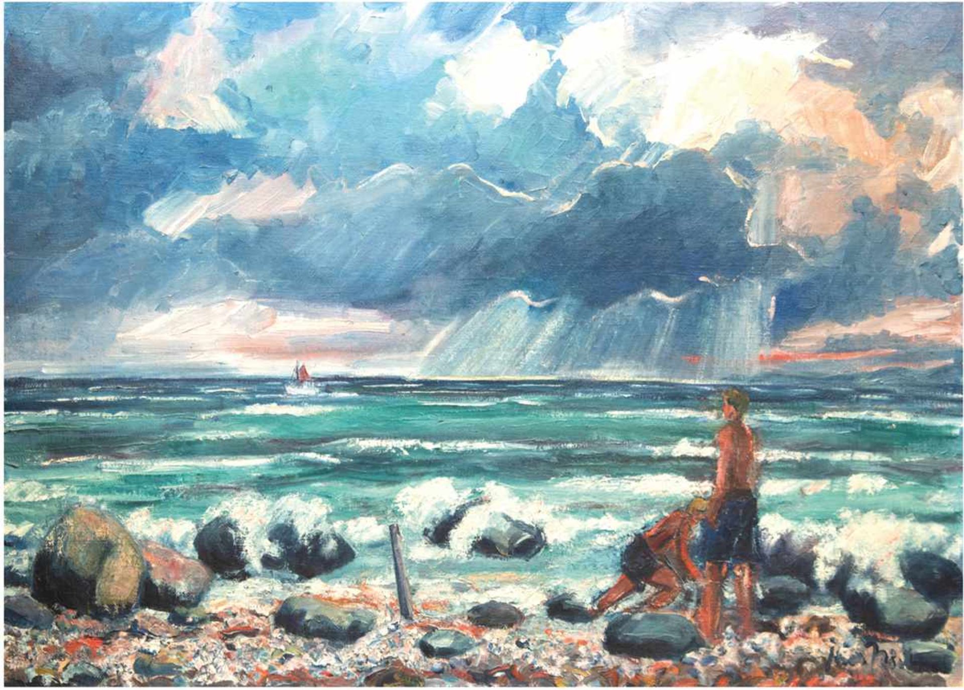 "Kinder am Ostseestrand", Öl/Lw., undeutlich sign. u.r., Künstlerkolonie Skagen, 81,5x115cm, Rahmen