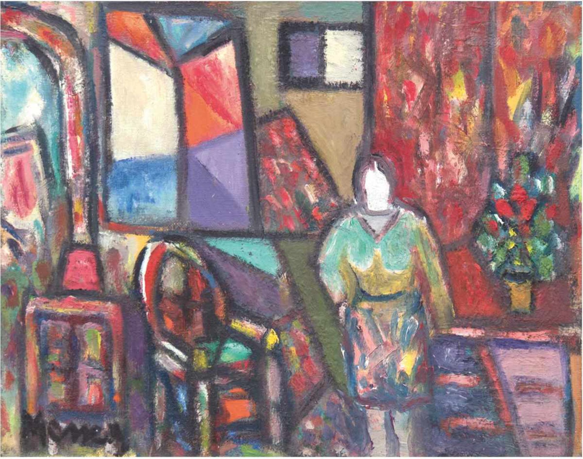 Messer, David (1912-1998) "Frau im Interieur", Öl/Lw., signiert u.l., rückseitig nochmalssign. und