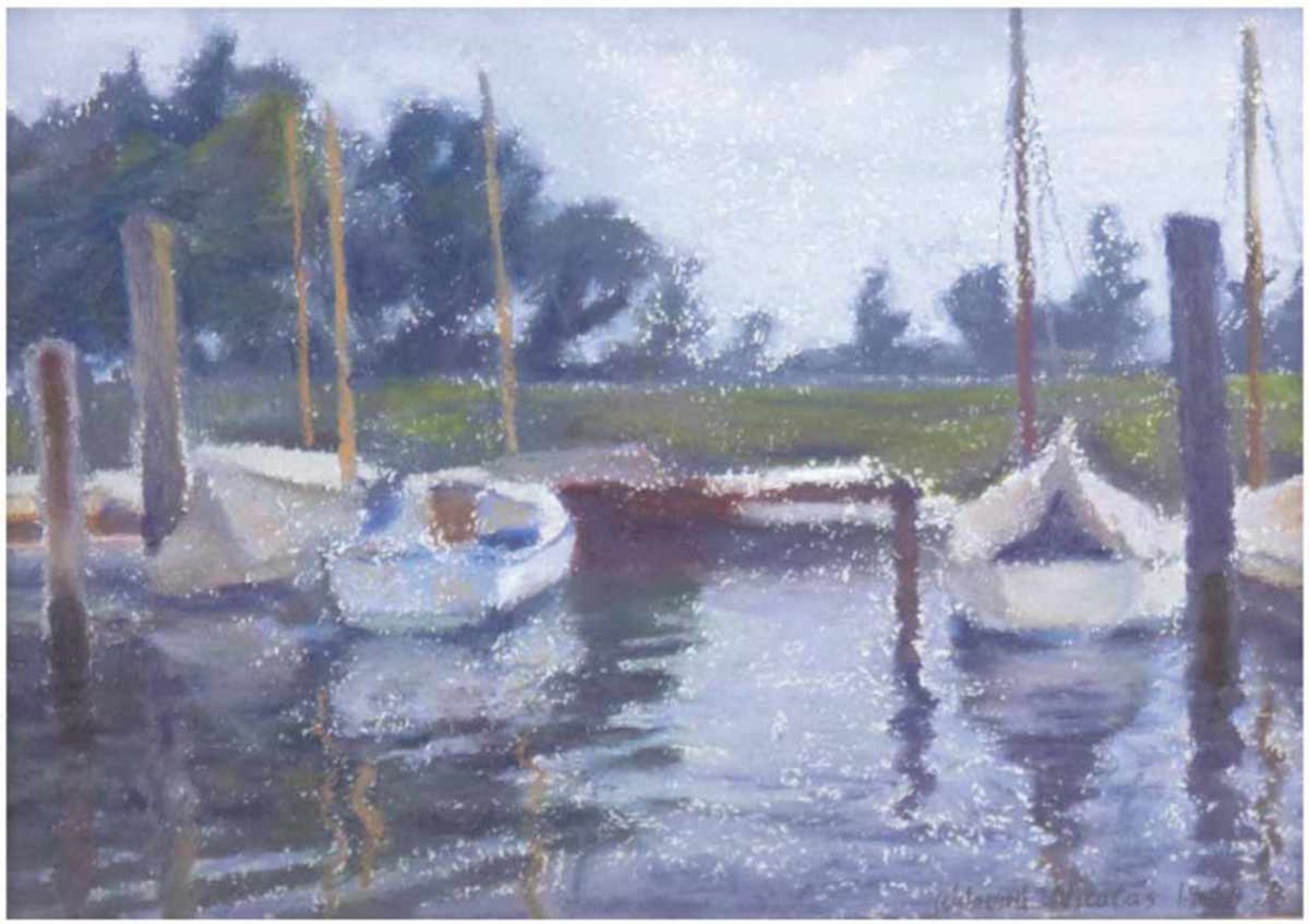Nicolas, Richard (1890 -1974 Regensburg) "Segelboote am Seeufer", Mischtechnik, 25x33 cm,hinter Glas