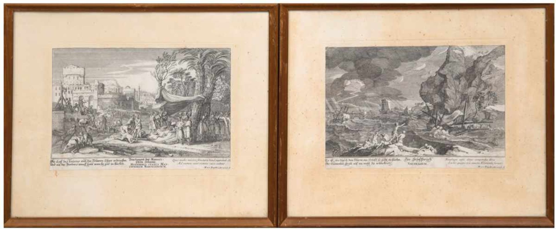 Engelbrecht "Schiffbruch" und "Sklaven im Orient", 2 Stiche, 19,5x27,5 cm, hinter Glas imRahmen