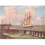 Sager, Otto (1870-1940) "Segelschiff vor Mole in Warnemünde", Öl/Mp., sign. u.r., 47x57,5cm, Rahmen