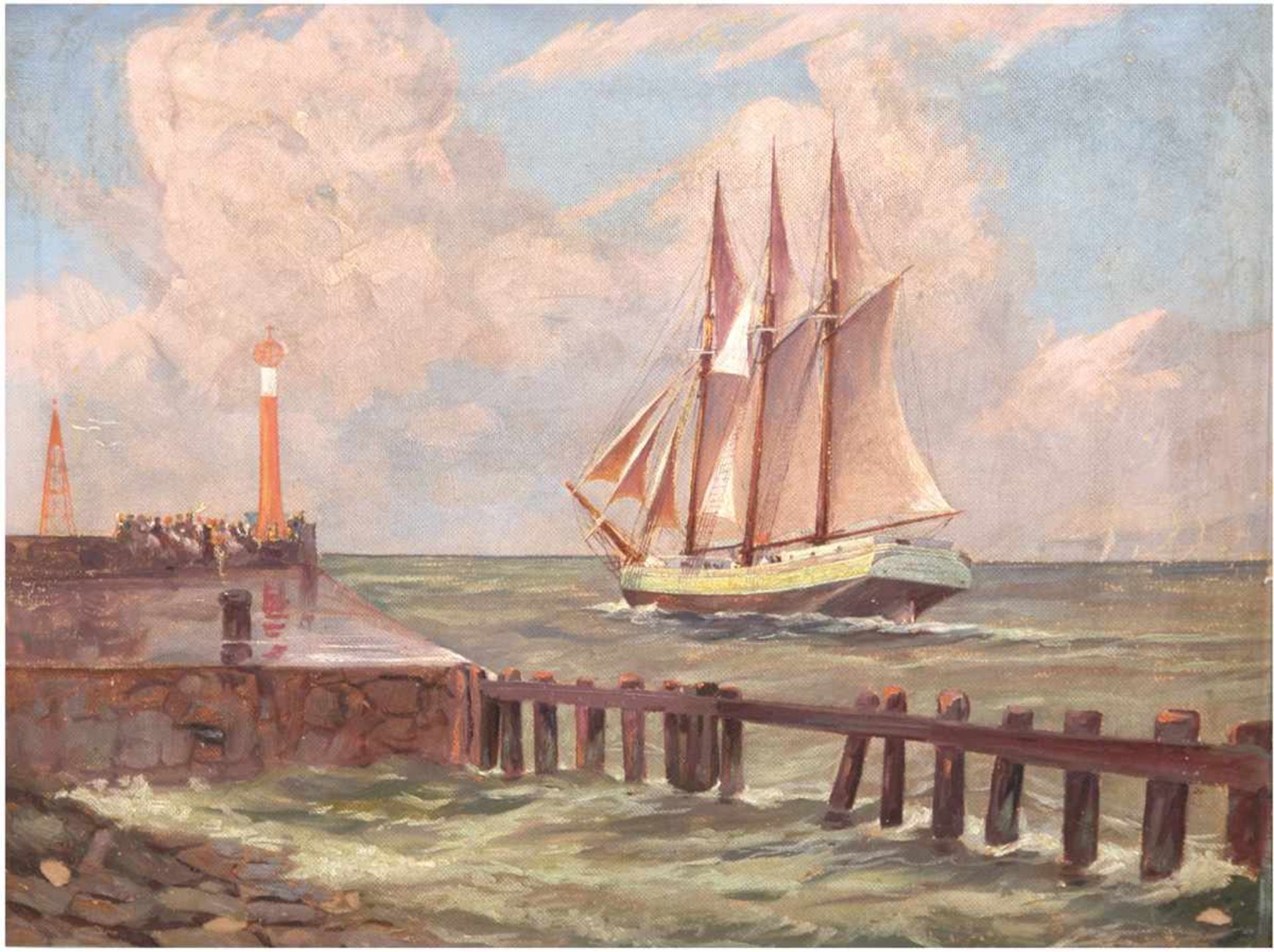 Sager, Otto (1870-1940) "Segelschiff vor Mole in Warnemünde", Öl/Mp., sign. u.r., 47x57,5cm, Rahmen