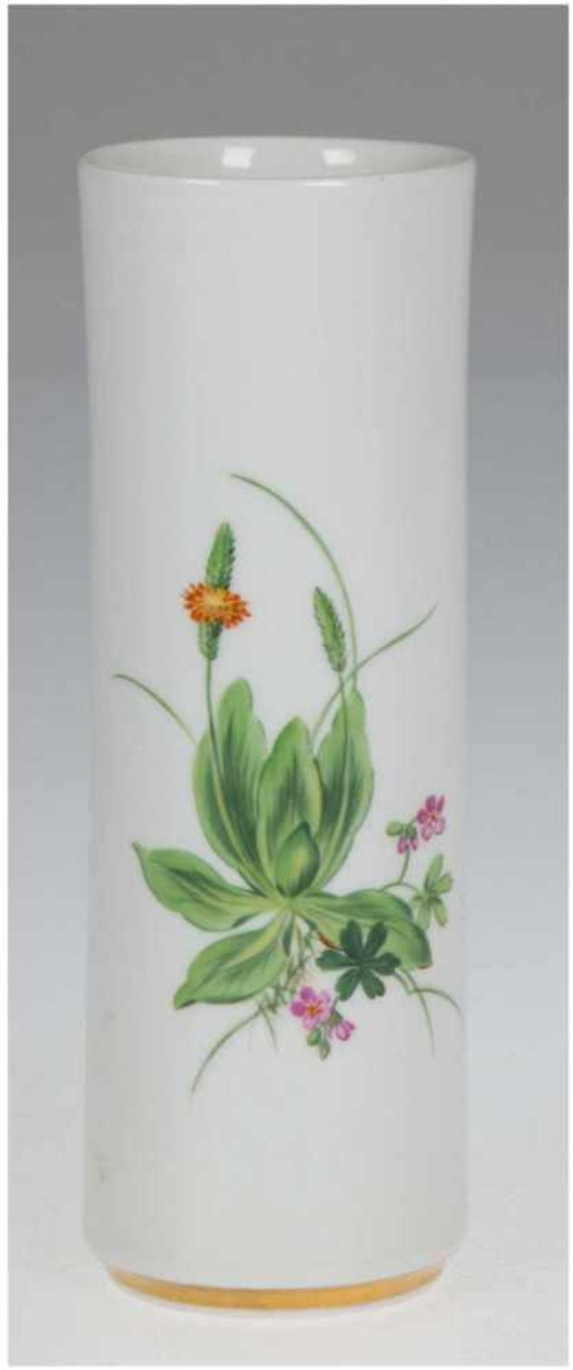 Meissen-Vase, Wiesenblumenmotive, bunt, nach Findeisen, Goldrand, 1. Wahl, H. 16 cm