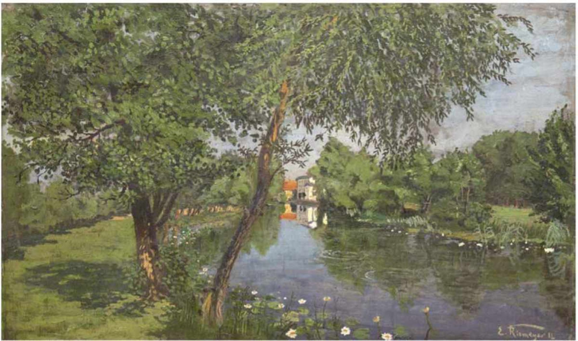 Riemeyer, Erich "Parklandschaft mit See", Öl/ Lw., sign. u.r., 47,5x80 cm