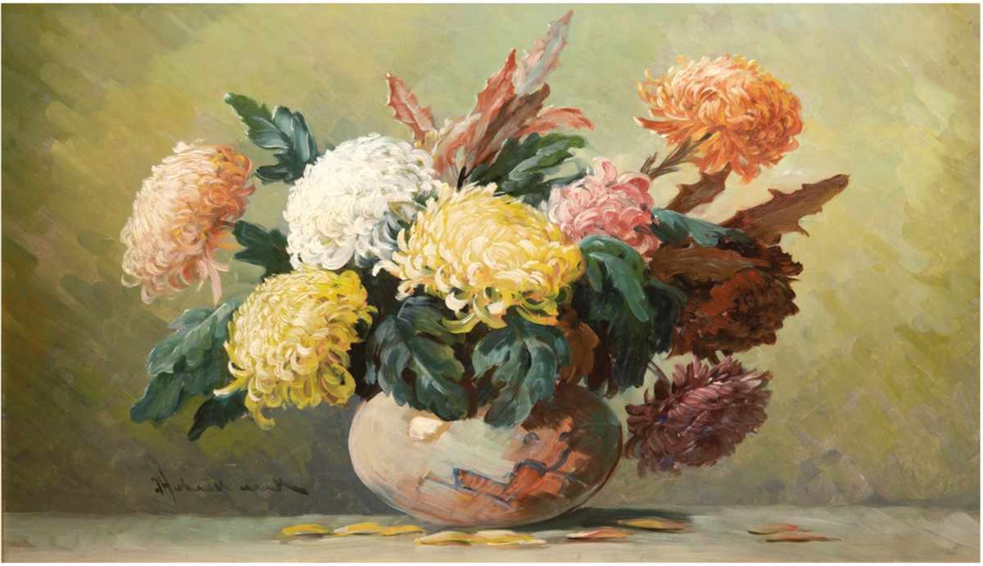 "Stilleben mit Chrysanthemen", Öl/Hf., unsign., 98x58 cm, Rahmen