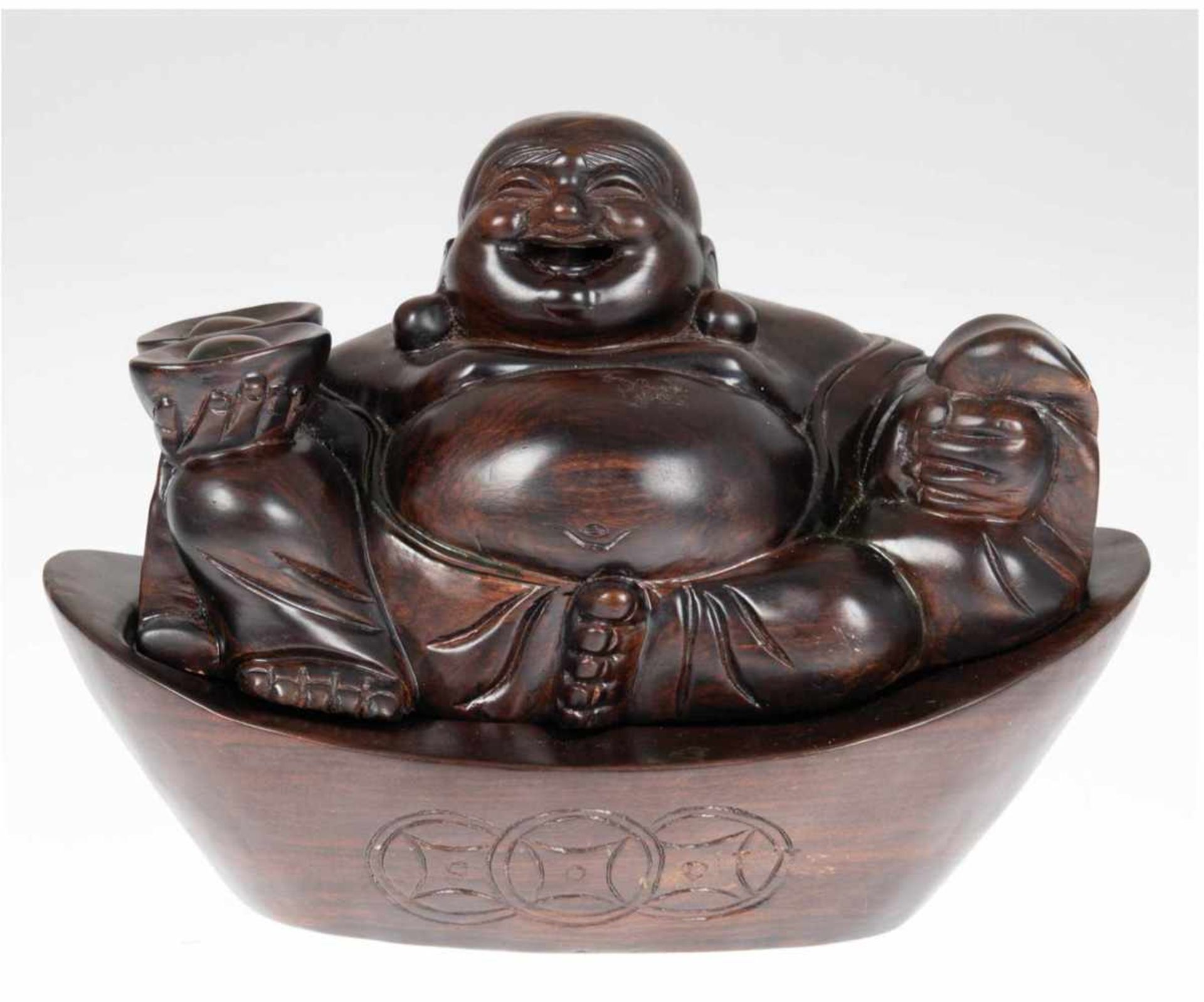 "Buddha", Räucherfigur, Holz geschnitzt, innen hohl, auf schiffchenförmigem passigemSockel, Ges.-