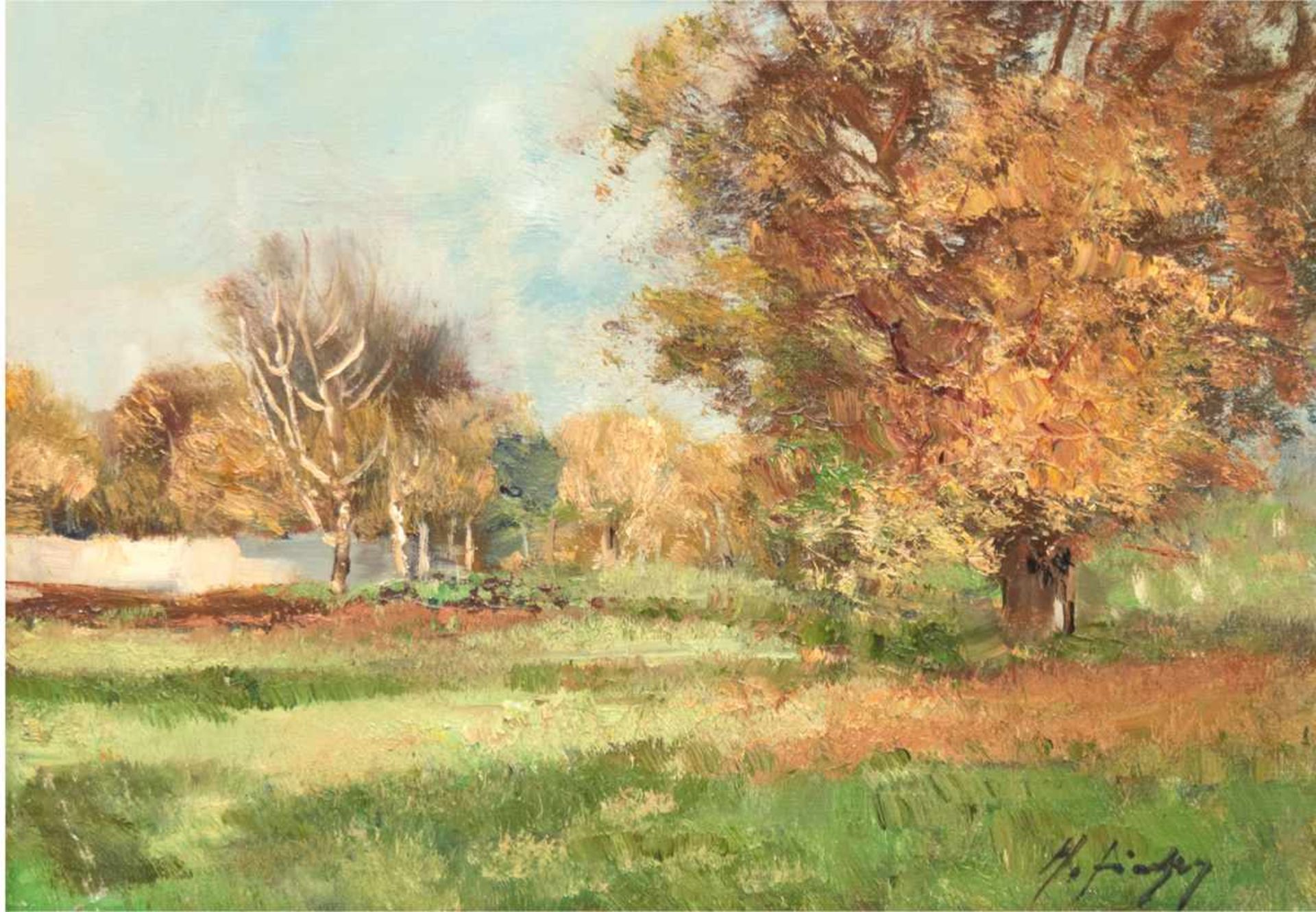 Fischer, Herbert "Impressionistische Landschaft mit Bäumen", Öl/Lw., sign. u.r., 30x39 cm,Rahmen