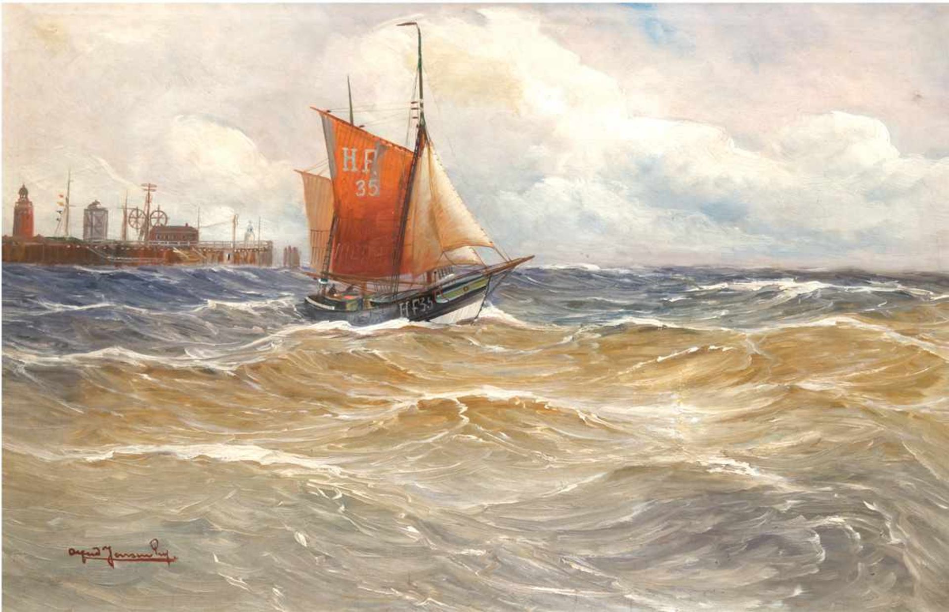 Jensen, Alfred Prof. (1859 Randers-1935 Hamburg) "Finkenwerder Fischerboot vor Küste",Öl/Lw.,