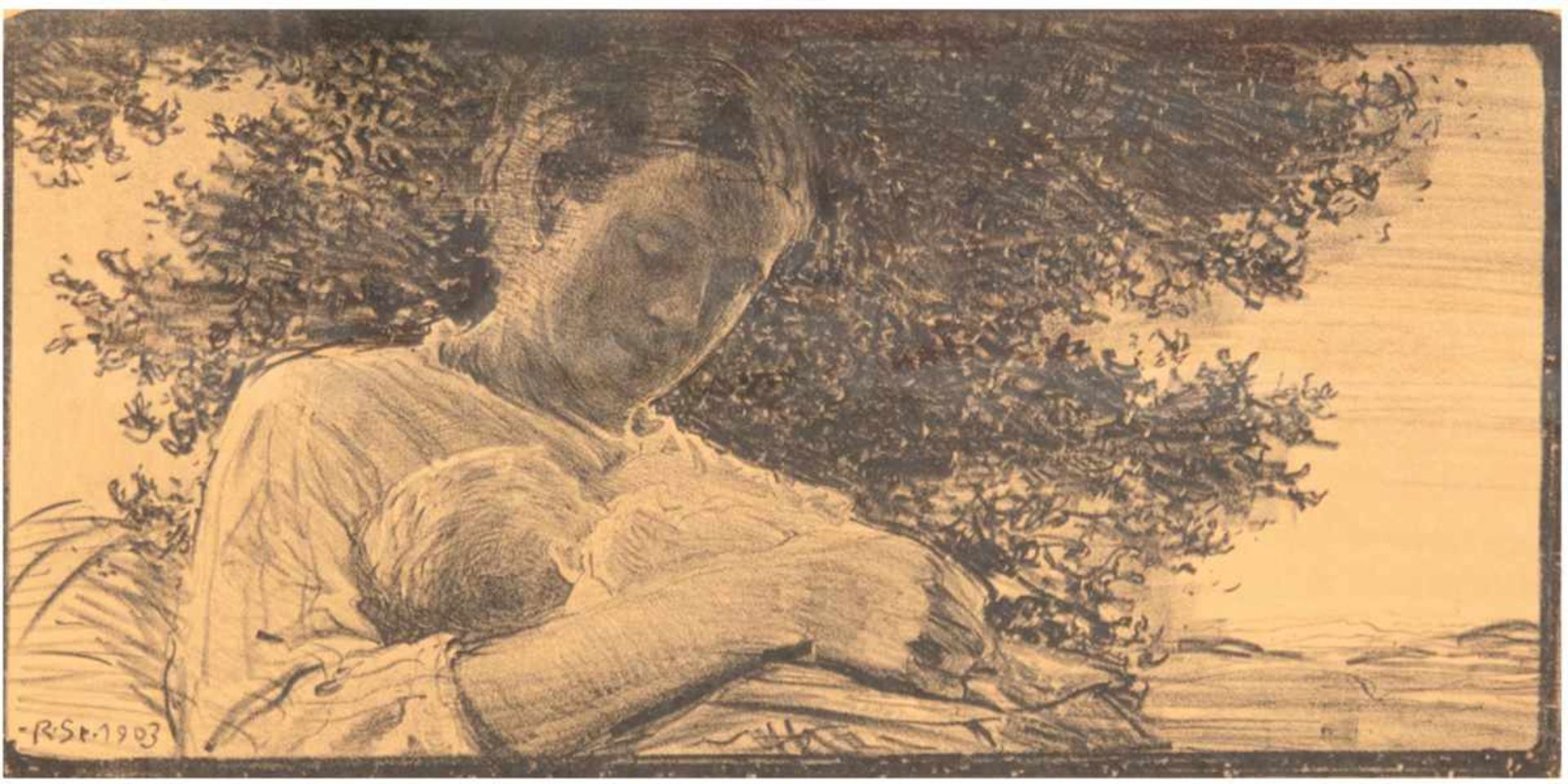 Sterl, Robert Hermann (1867 Großdobritz-1932 Naundorf) "Junge Mutter mit Kind auf dem Arm"Litho.,