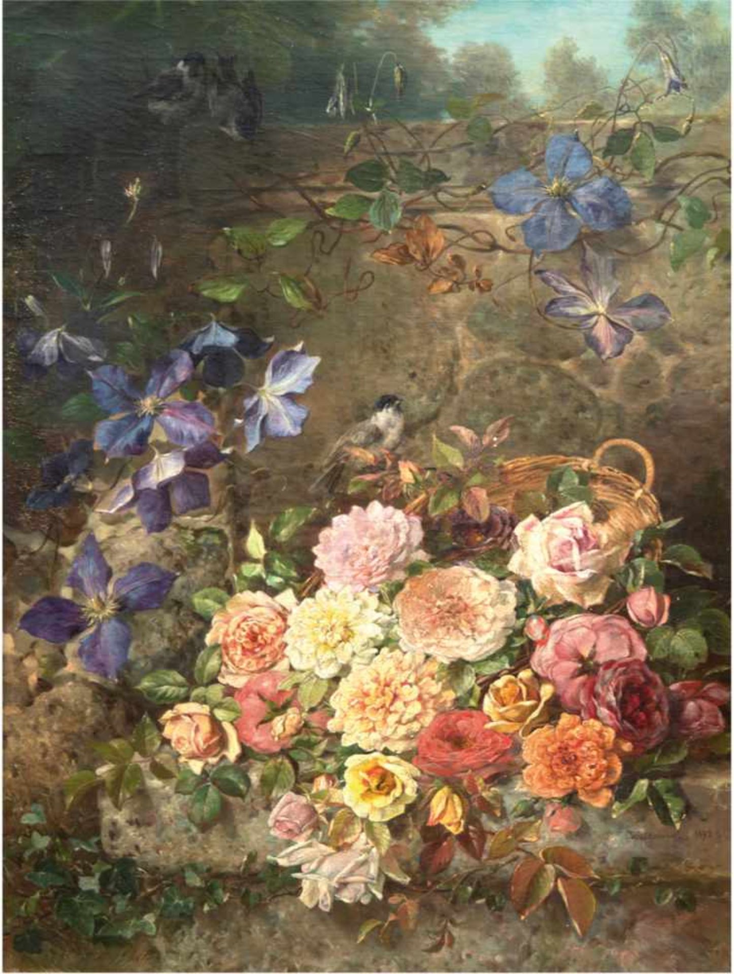 Woldemar "Blumenkorb mit Vögeln vor sommerlicher Landschaft", sign.u.r. und dat. 1892,80x58 cm,