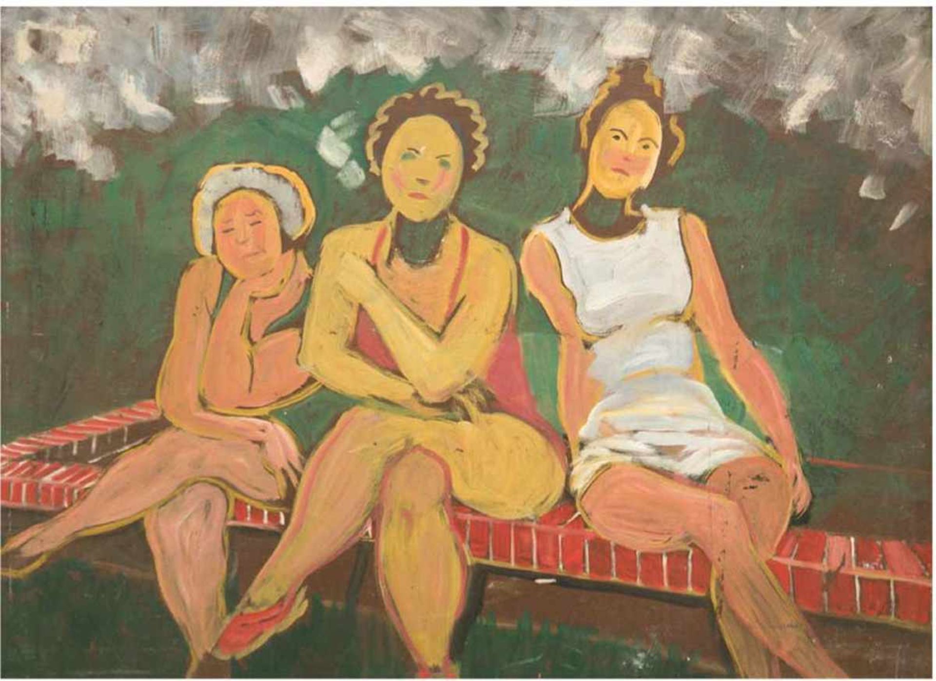 "Drei Frauen auf der Mauer", Öl/HF., unsigniert, 60x80 cm, Rahmen (aus der Kunstsammlungdes