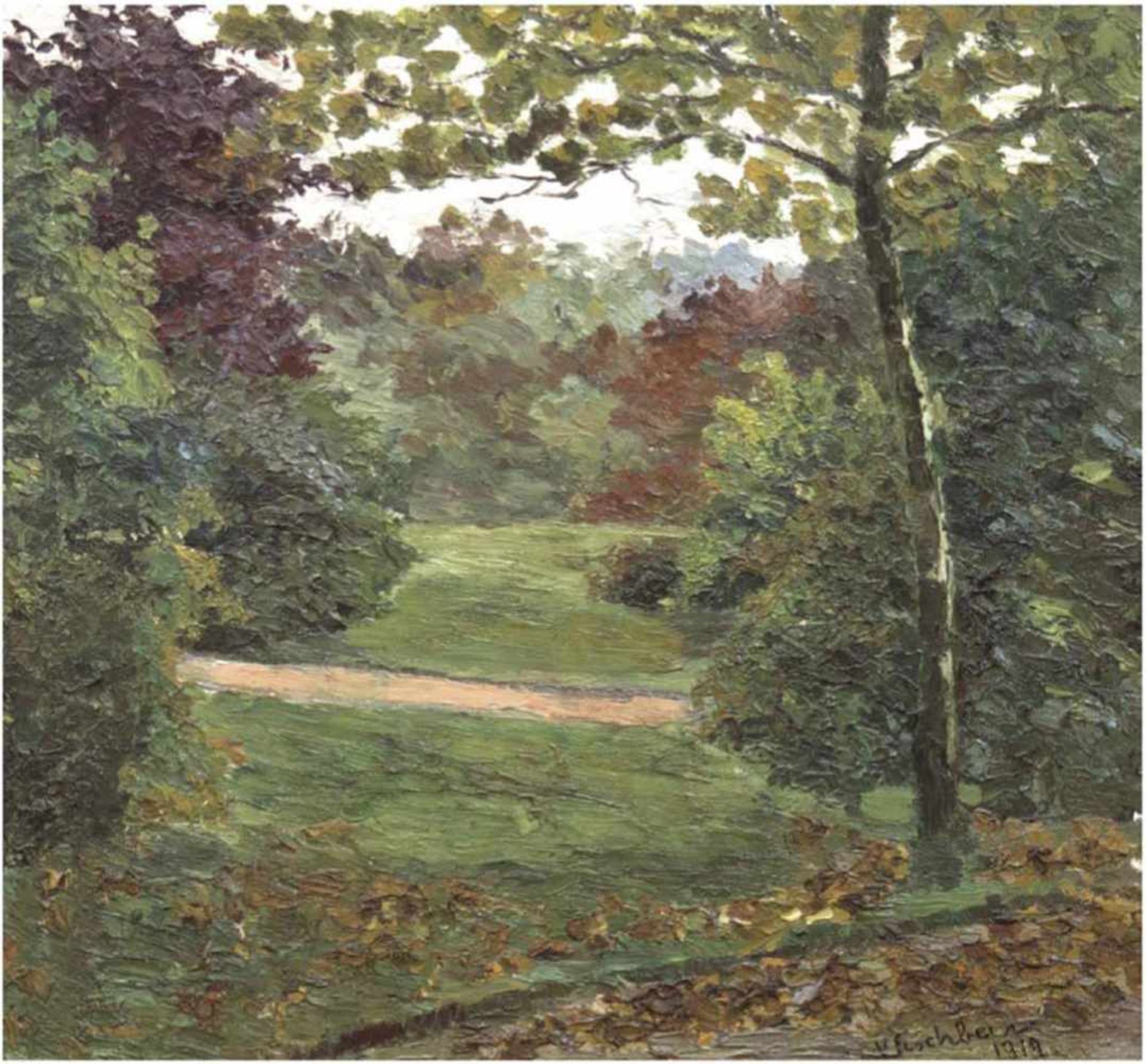 Fischbein "Parklandschaft", Öl/Lw., undeutlich sign. u.r., 55x55,5 cm, Rahmen leichtbeschädigt