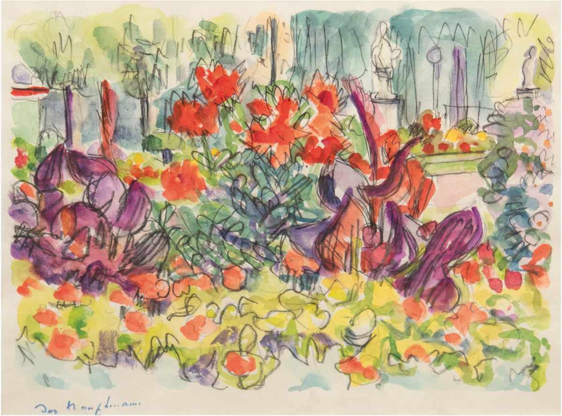 Hauptmann, Ivo (1886 Erkner-1973 Hamburg/Dresden) "Blumen im Park", Aquarell, sign. u.l.,35x42 cm,