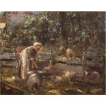 Impressionist um 1900 "Fütterung der Schweine", Öl/Mp., undeutlich sign. mit Ortsbez."Mchn". u.l.,