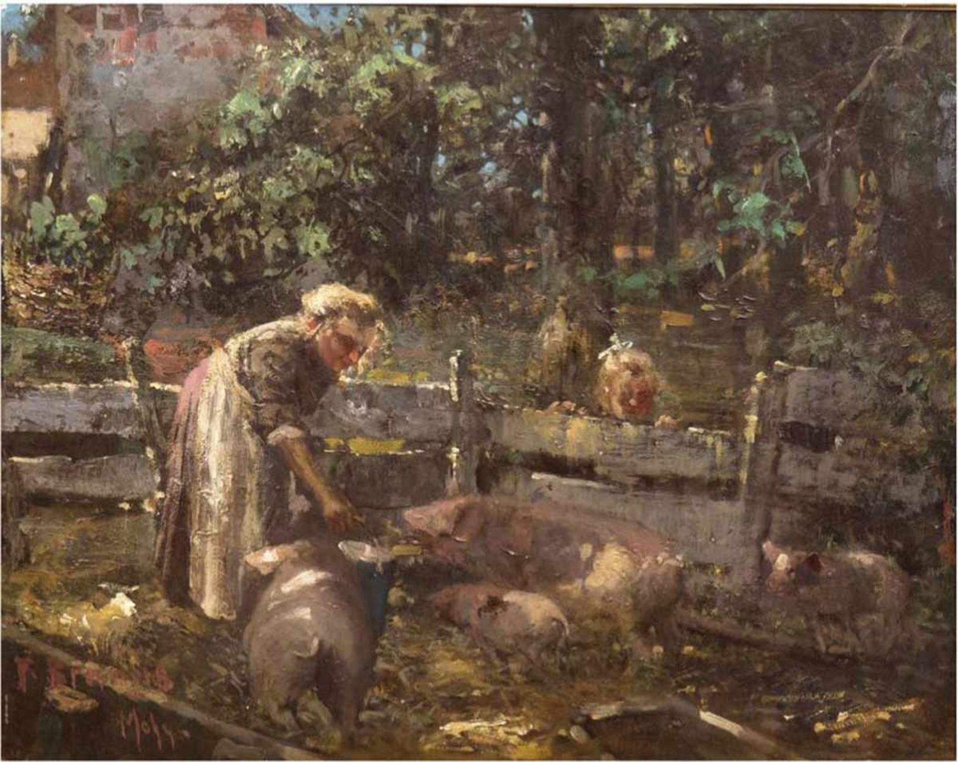 Impressionist um 1900 "Fütterung der Schweine", Öl/Mp., undeutlich sign. mit Ortsbez."Mchn". u.l.,