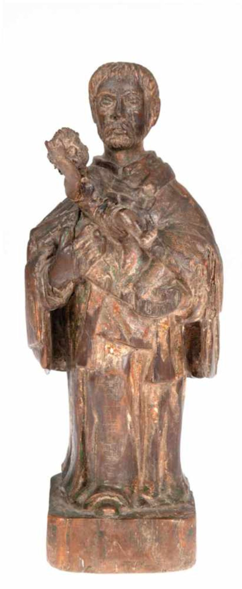 Heiligenfigur "Josef mit Kind", 18. Jh., Holz, geschnitzt, Reste alter Fassung, H. 30 cm