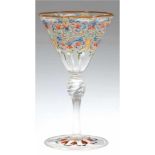 Weinglas, wohl Fritz Heckert um 1880, polychrome, florale Emaillemalerei und Goldrand,runder Stand
