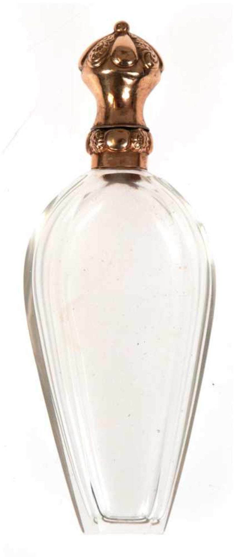 Flakon, Frankreich 19. Jh., facettiert geschliffener Klarglaskorpus mit 18 k GG-Verschluß,floral