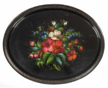 Tablett, Rußland Anf. 20. Jh., Metall, polychrome Blumenmalerei auf schwarzem Grund, ovaleForm mit
