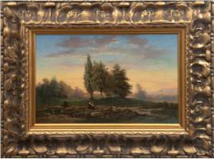 Romantiker "Weite Landschaft mit Baumgruppe", Öl/Lw., unsign., doubliert, rest. u.r.,32x50 cm,