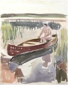 Hartmann, Erich (1886 Elberfeld-1974 Sylt) "Frau im Boot am Ufer", Aquarell/Papier, rücks.