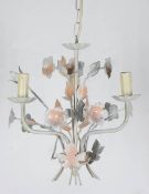 Deckenlampe, Metall, 3-flammig, farbig gefaßt, mit Blätter- und Blütenverzierungen, H. 98cm, Dm. ca.