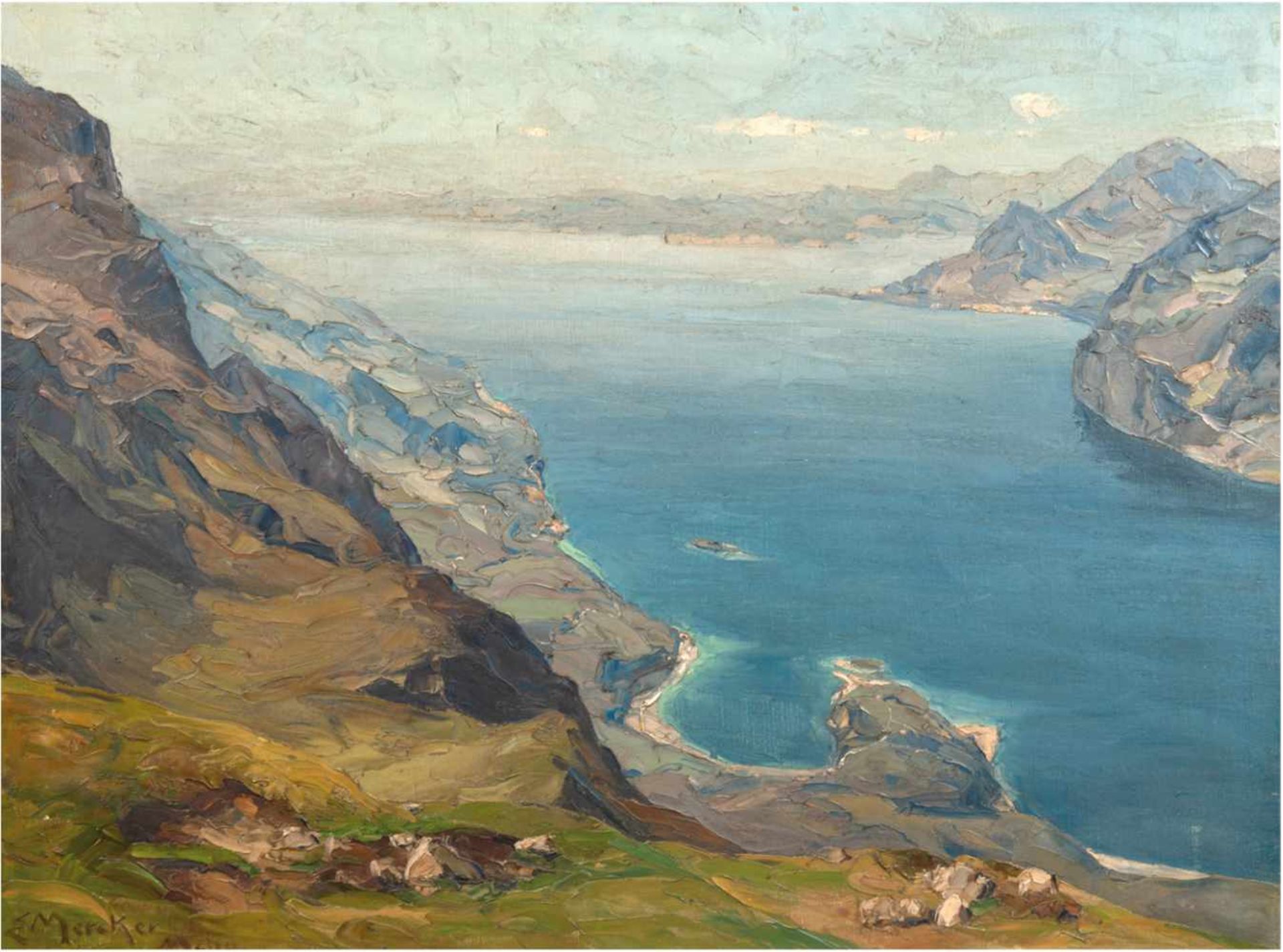 Mercker, Erich (1891 Zabern, Elsaß-1973) "Blick auf den Gardasee", Öl/Lw., signiert mitOrtsbez. "
